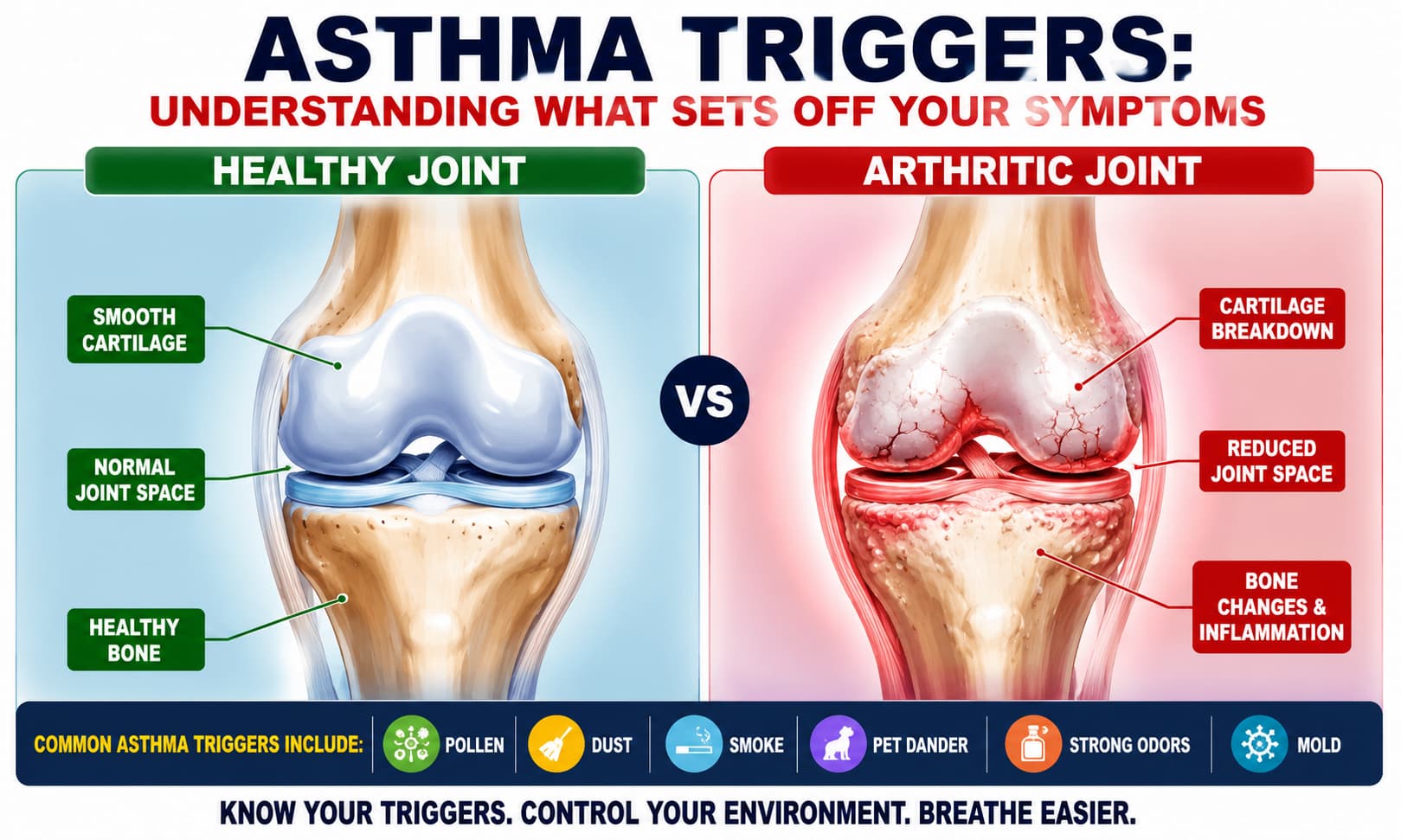 A medical illustration comparing a healthy joint with an arthritic joint showing cartilage breakdown and inflammation.