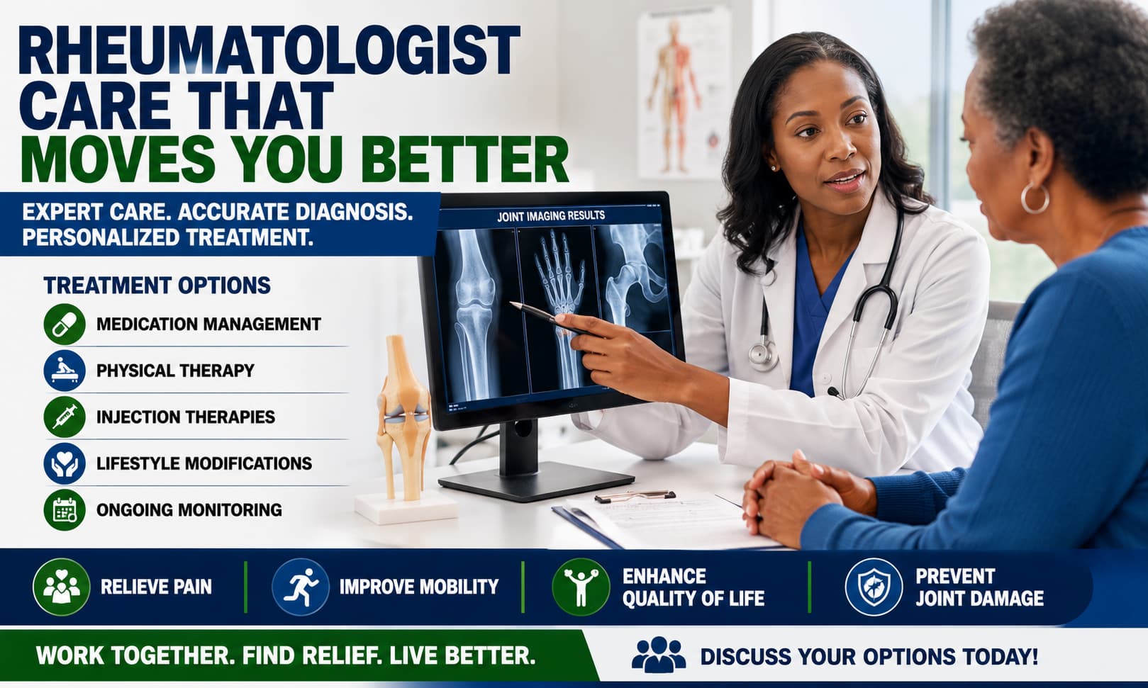A rheumatologist discussing treatment options and reviewing joint imaging results with a patient.