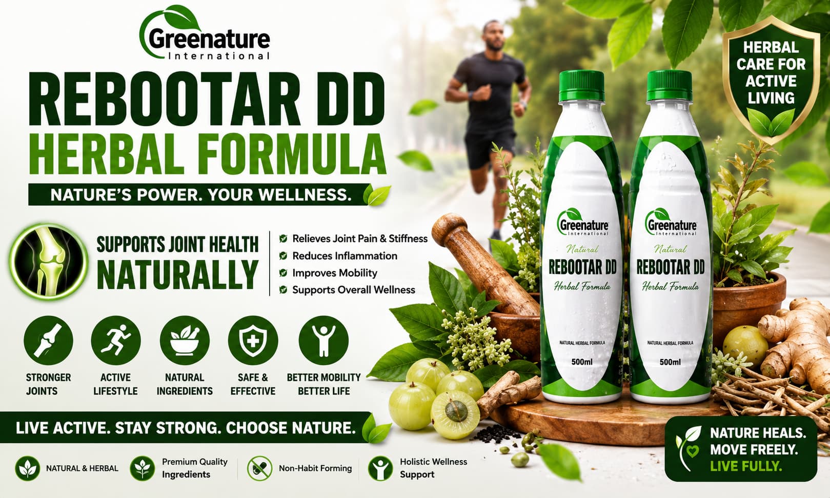 A professionally branded bottle of Rebootar DD Herbal Formula displayed alongside natural herbs and wellness-themed imagery focused on active living and joint health.
