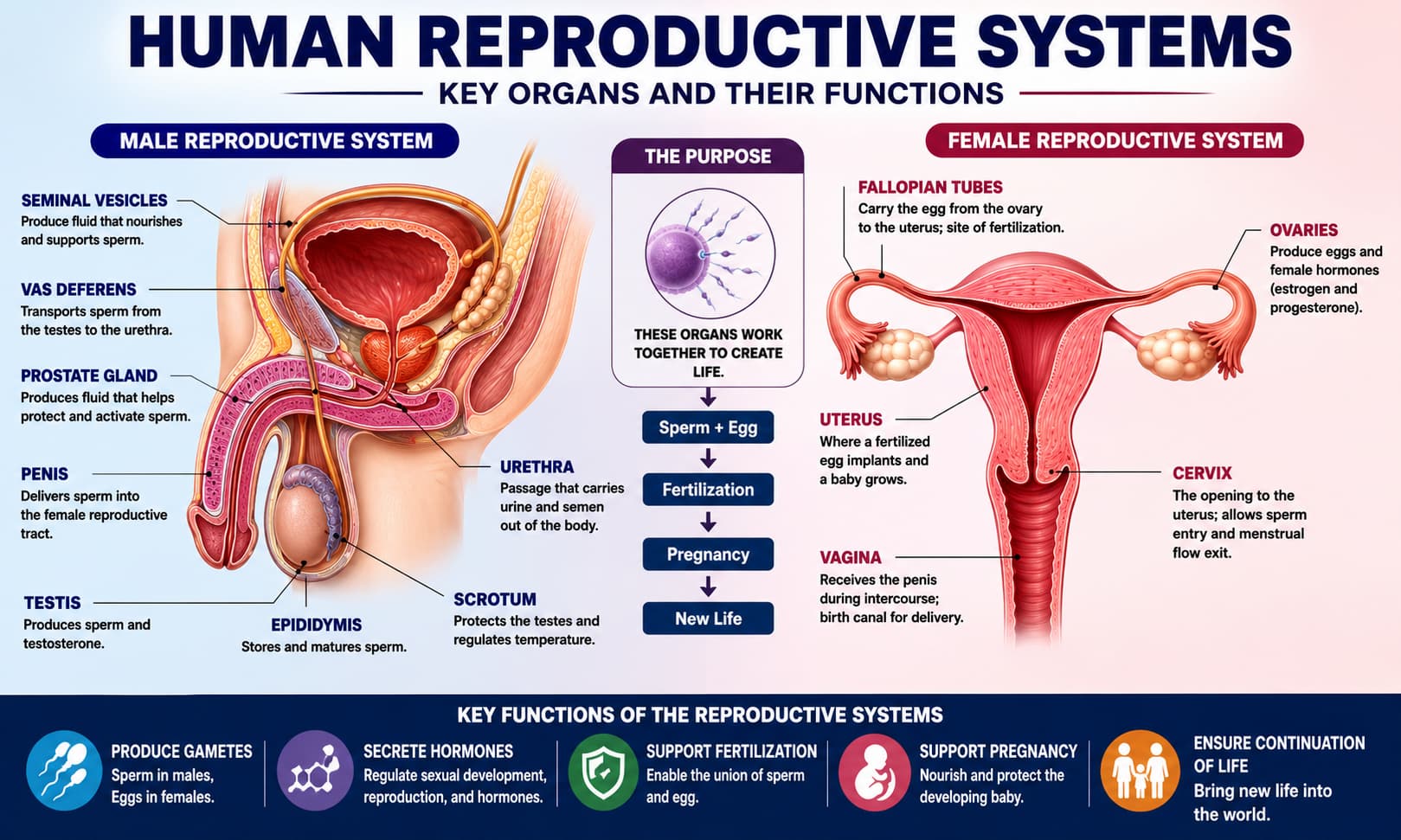 A medical illustration showing the male and female reproductive systems with labels highlighting key organs involved in conception.
