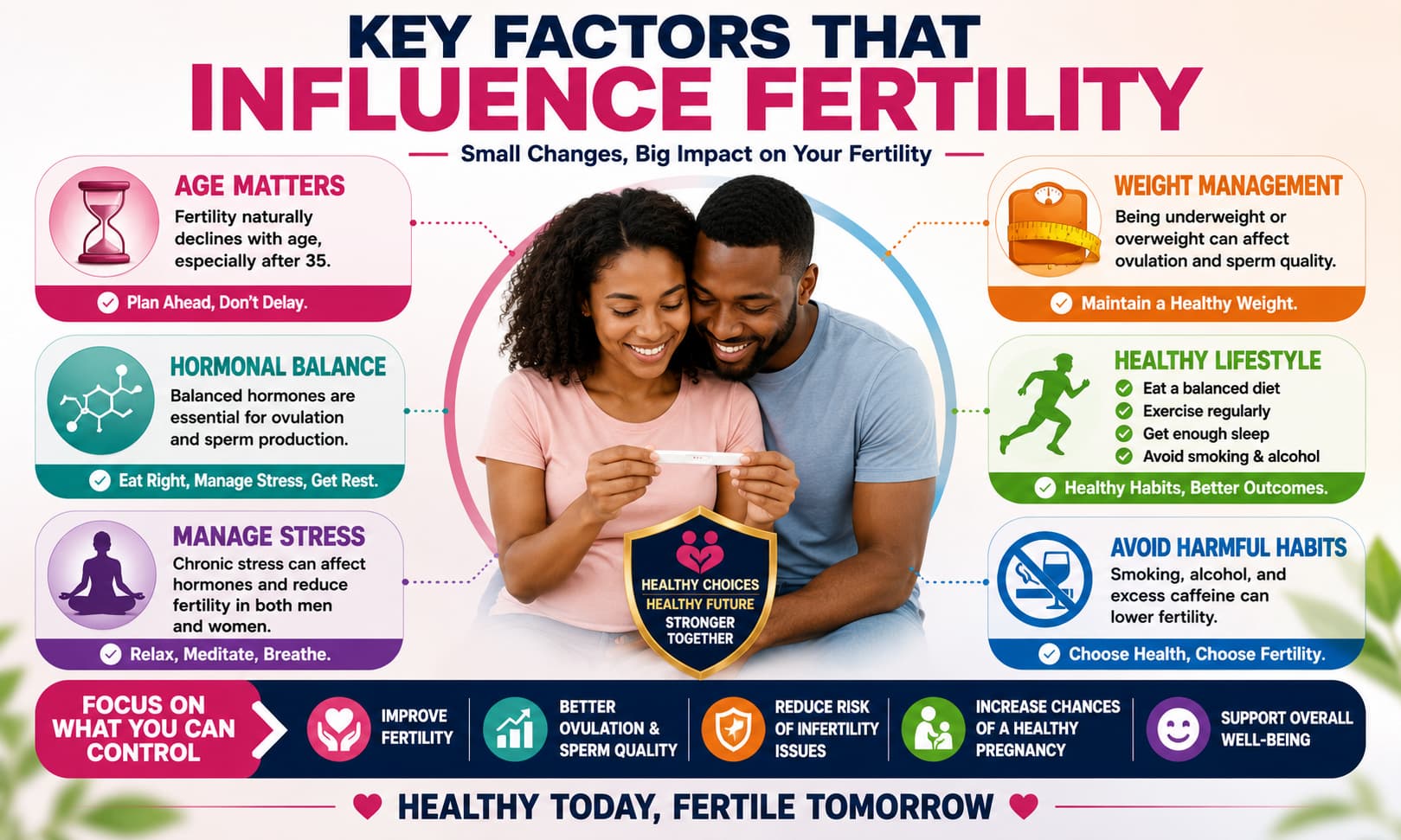 An infographic highlighting major fertility factors such as age, hormones, stress, weight management, and lifestyle habits.