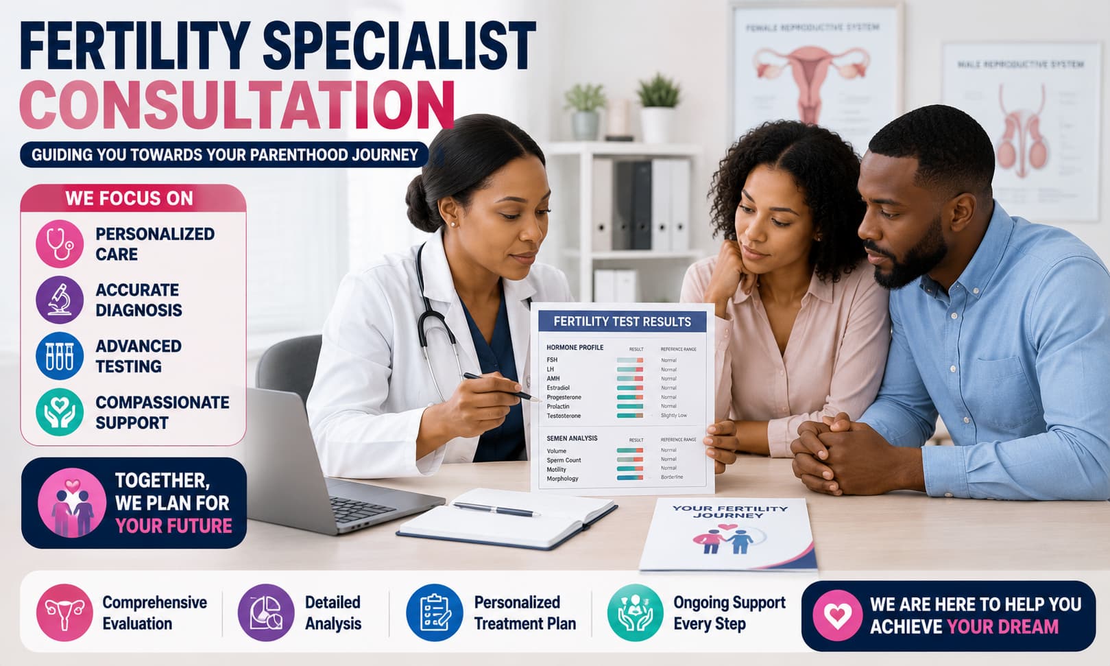 A fertility specialist consulting with a couple while reviewing reproductive health test results.