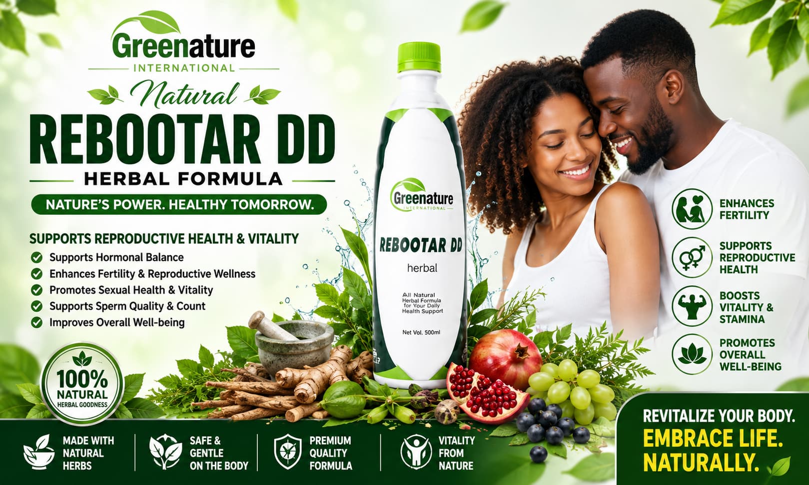 A professionally branded bottle of Rebootar DD Herbal Formula displayed alongside natural herbs, fruits, and wellness-themed imagery promoting reproductive health and vitality.