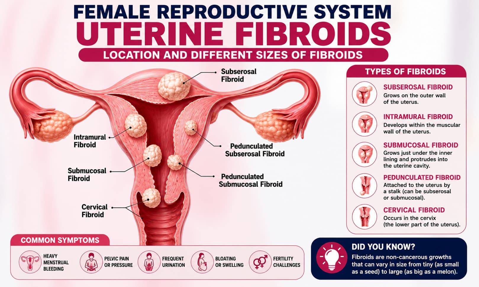 A medical illustration of the female reproductive system showing the location and different sizes of fibroids within the uterus.