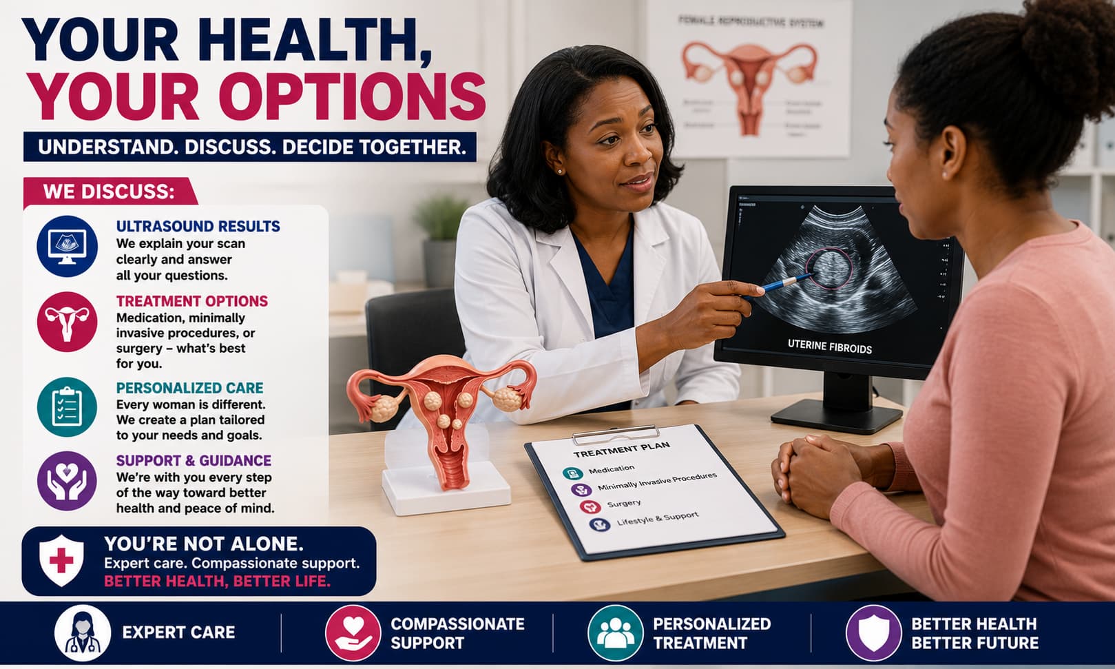 A gynecologist discussing ultrasound results and treatment options with a patient during a medical consultation.