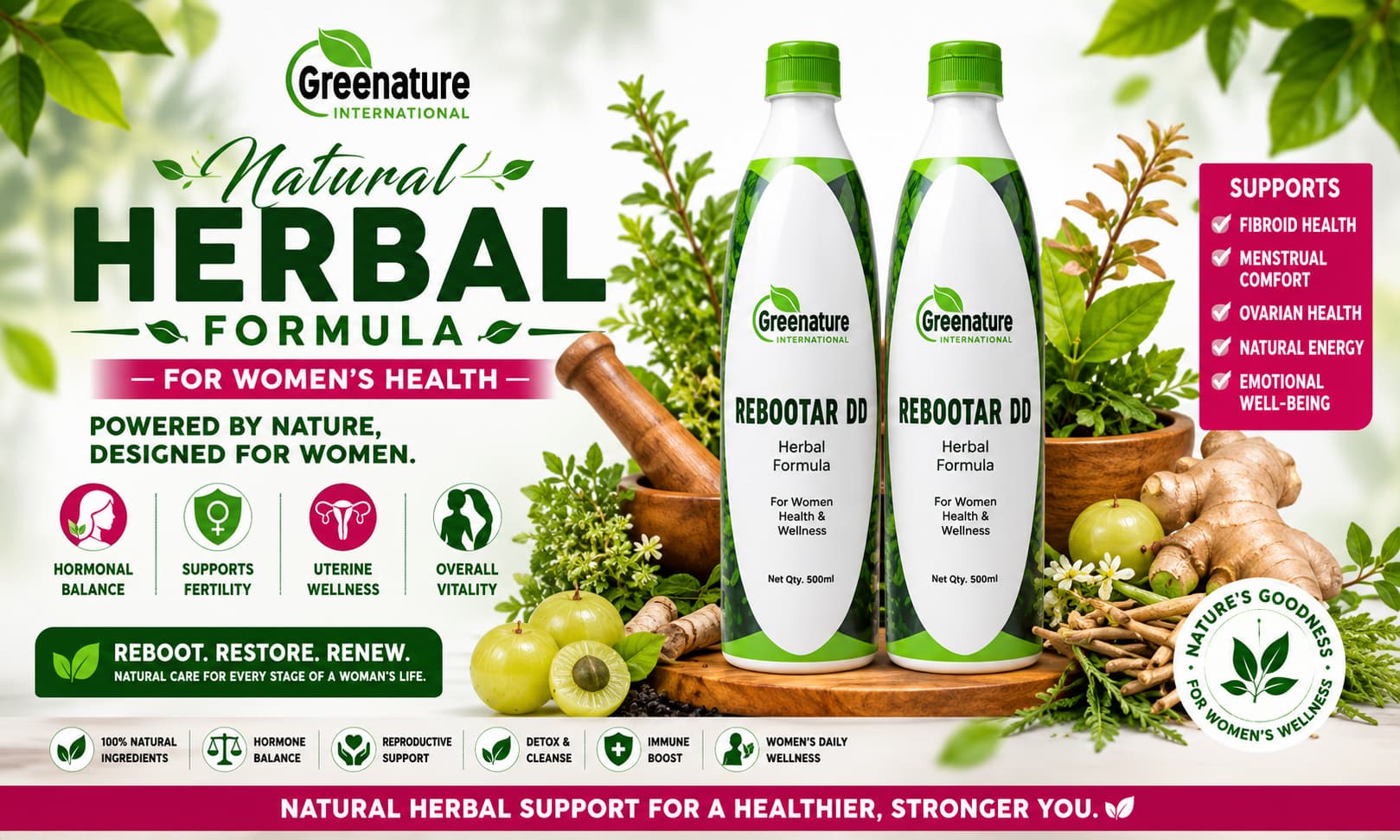 A professionally branded bottle of Rebootar DD Herbal Formula displayed alongside natural herbs, fruits, and wellness-themed imagery focused on women's health.