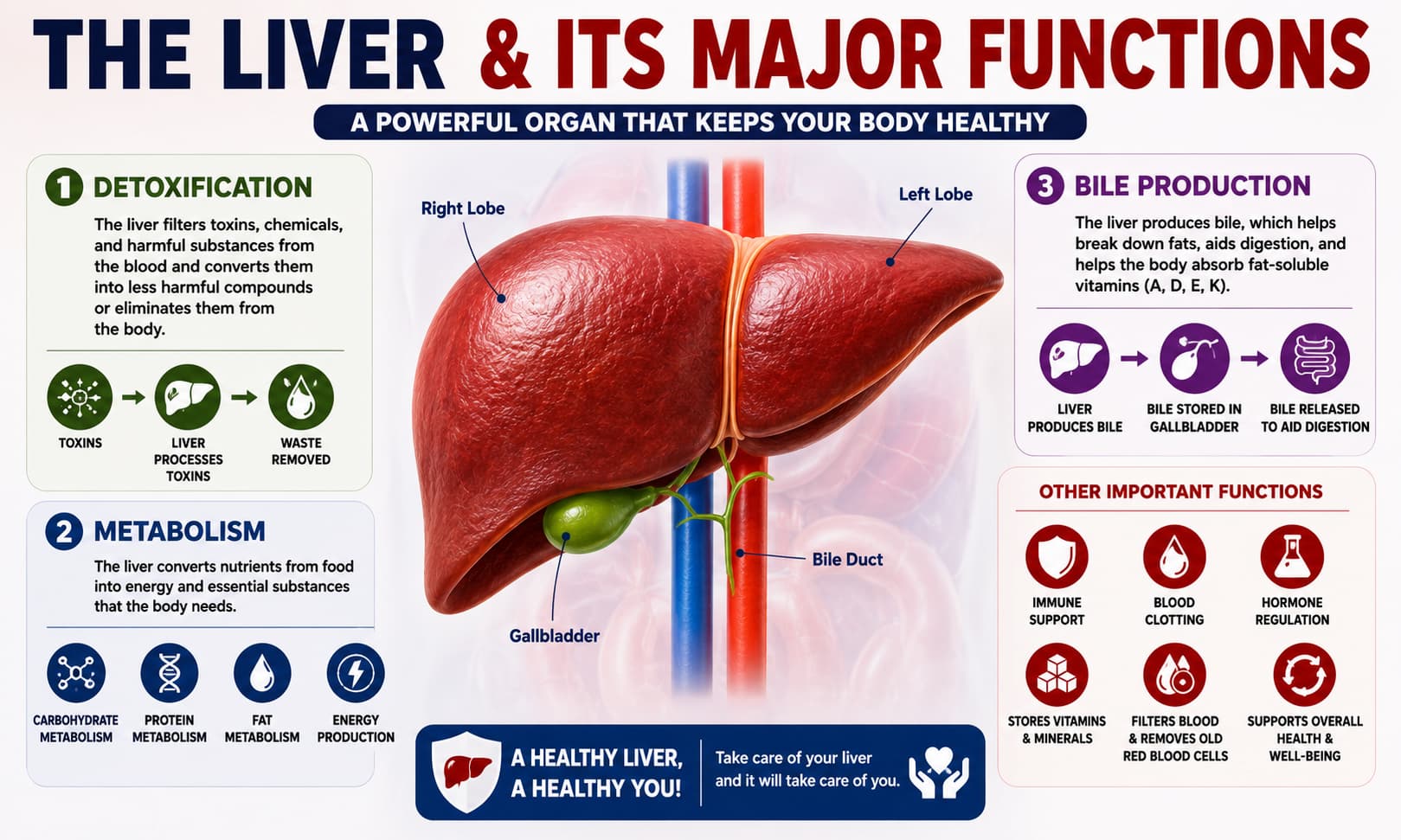 A detailed medical illustration showing the liver and its major functions, including detoxification, metabolism, and bile production.