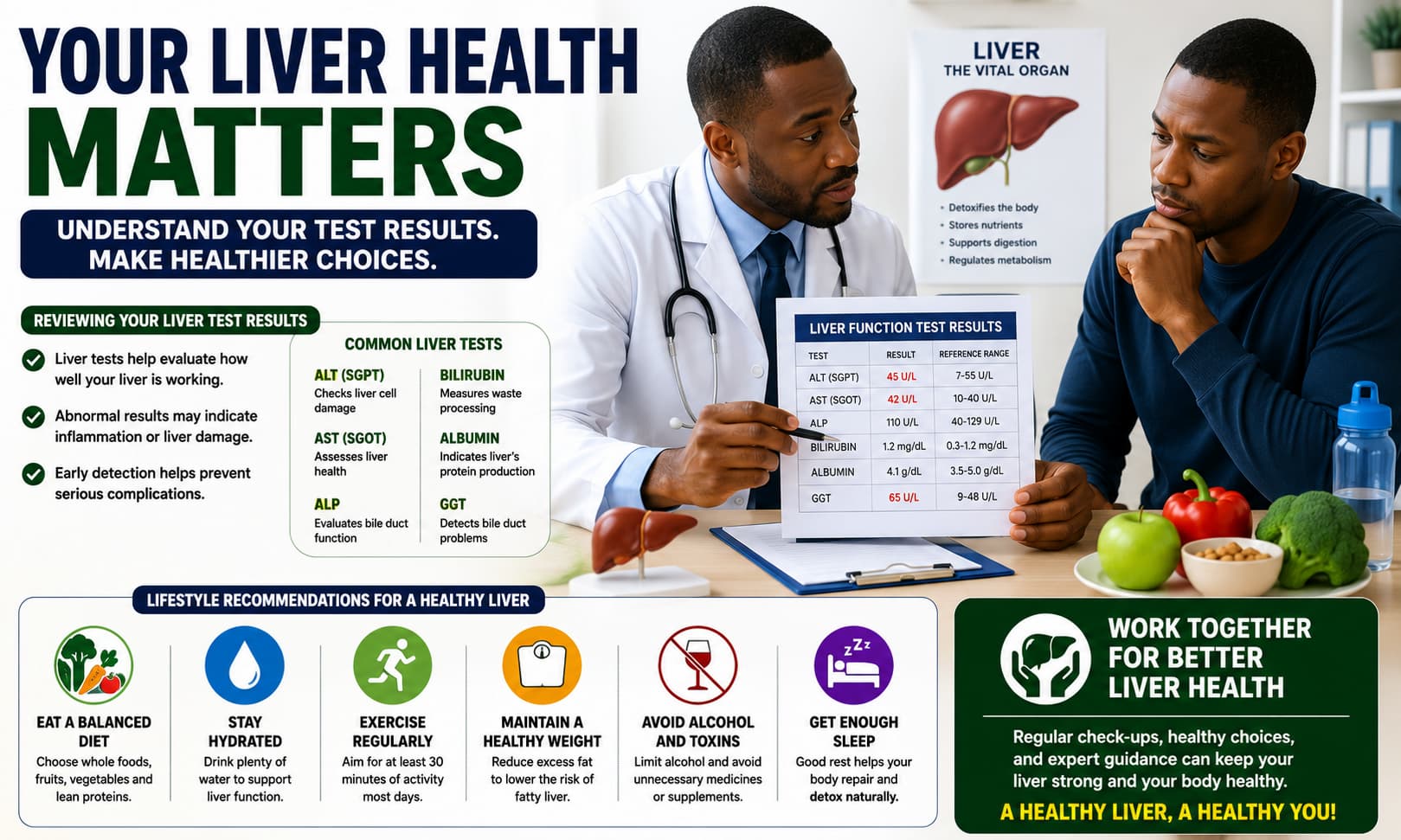 A healthcare professional reviewing liver test results with a patient while discussing lifestyle recommendations.