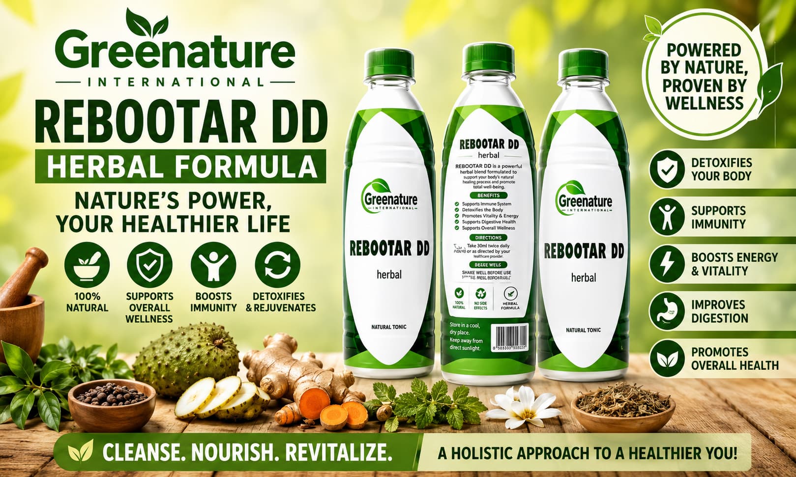 A professionally branded bottle of Rebootar DD Herbal Formula displayed alongside natural herbs, fruits, and wellness-themed elements emphasizing holistic health.