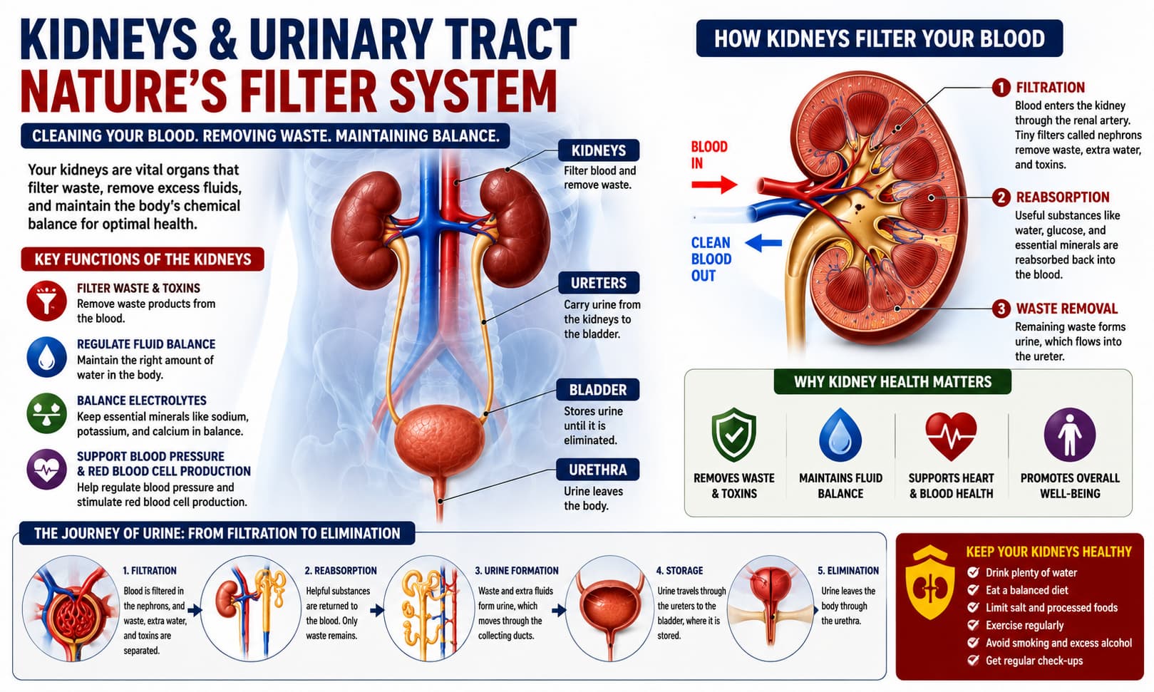 A medical illustration showing the kidneys, urinary tract, and their role in filtering waste from the blood.