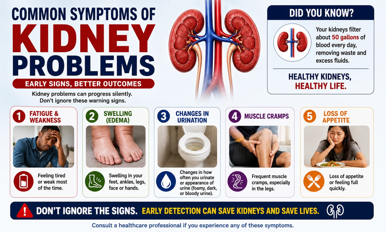 An infographic highlighting common kidney problem symptoms including fatigue, swelling, urinary changes, muscle cramps, and loss of appetite.
