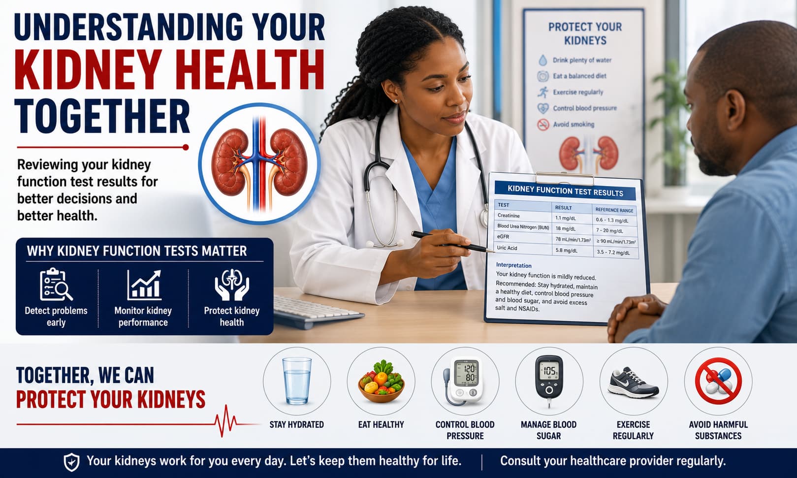A healthcare provider reviewing kidney function test results with a patient during a consultation.