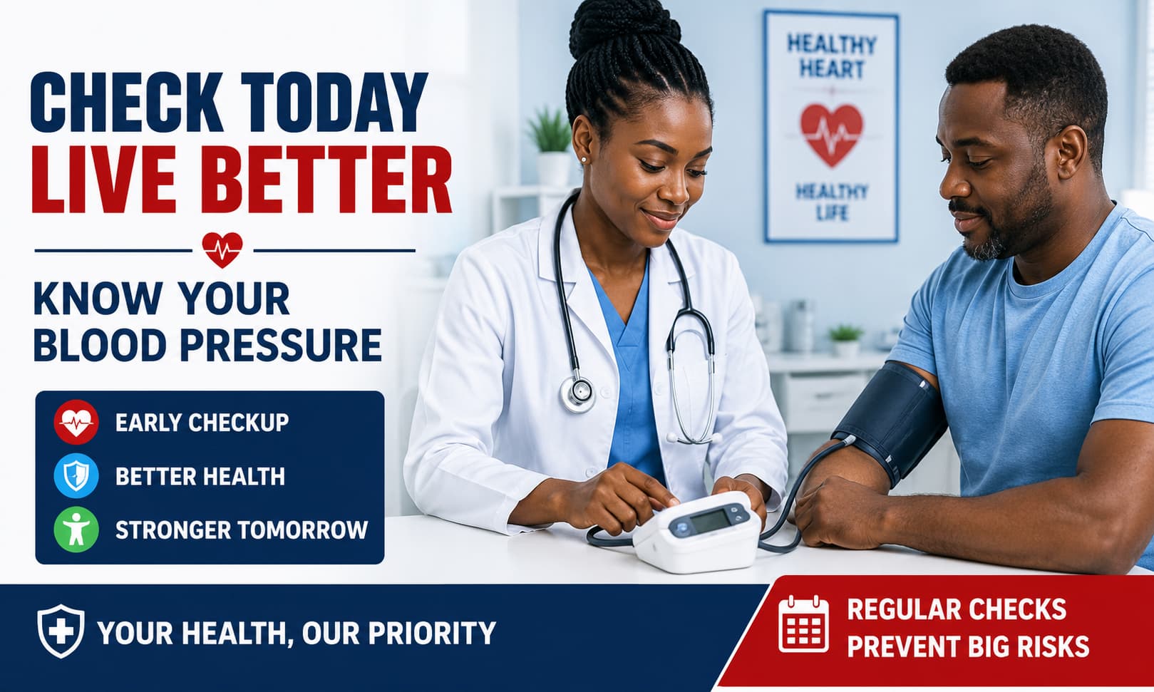 A healthcare professional measuring a patient's blood pressure using a digital blood pressure monitor in a clinic.