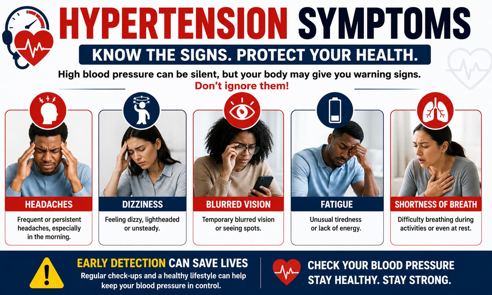 An infographic showing common hypertension symptoms, including headaches, dizziness, blurred vision, fatigue, and shortness of breath.