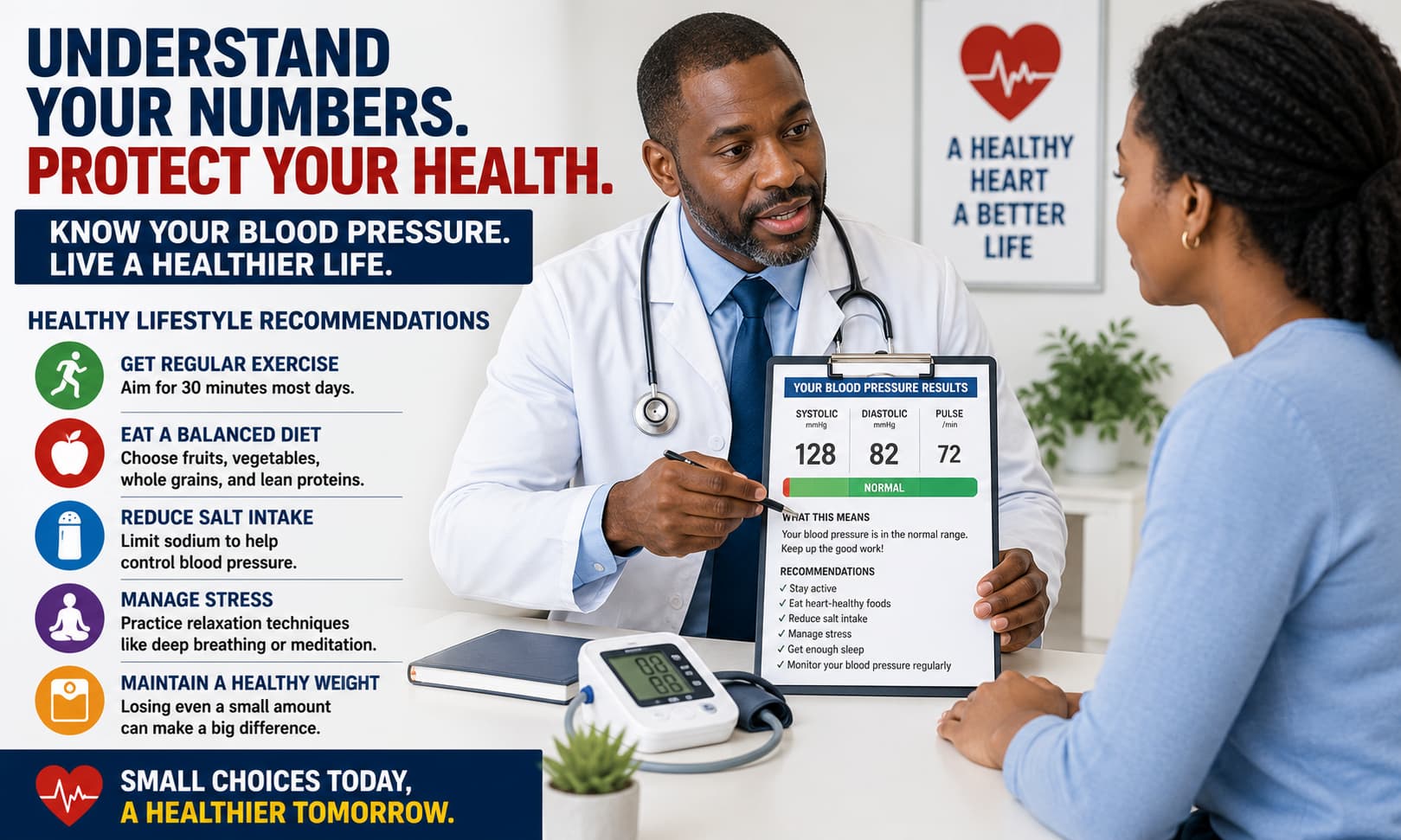 A doctor discussing blood pressure results and healthy lifestyle recommendations with a patient.