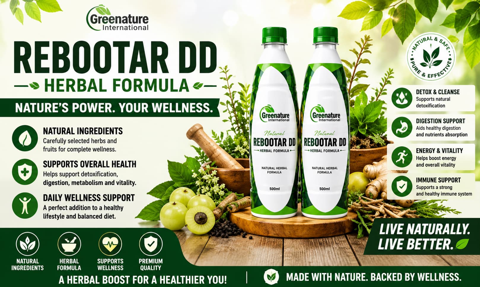 A professionally branded bottle of Rebootar DD Herbal Formula displayed alongside natural herbs, fruits, and wellness-themed elements.