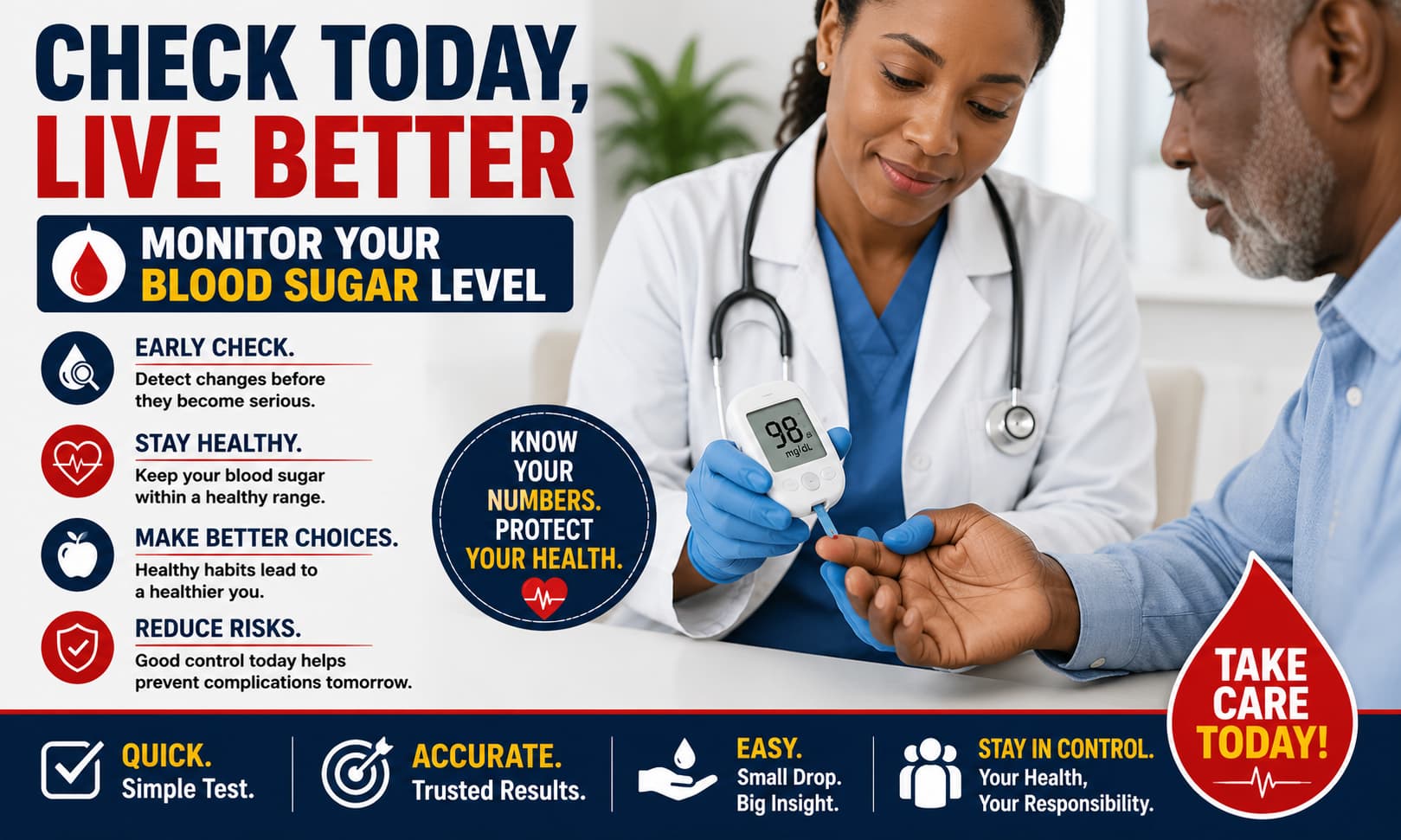 A healthcare professional checking a patient's blood sugar level using a glucose monitor.