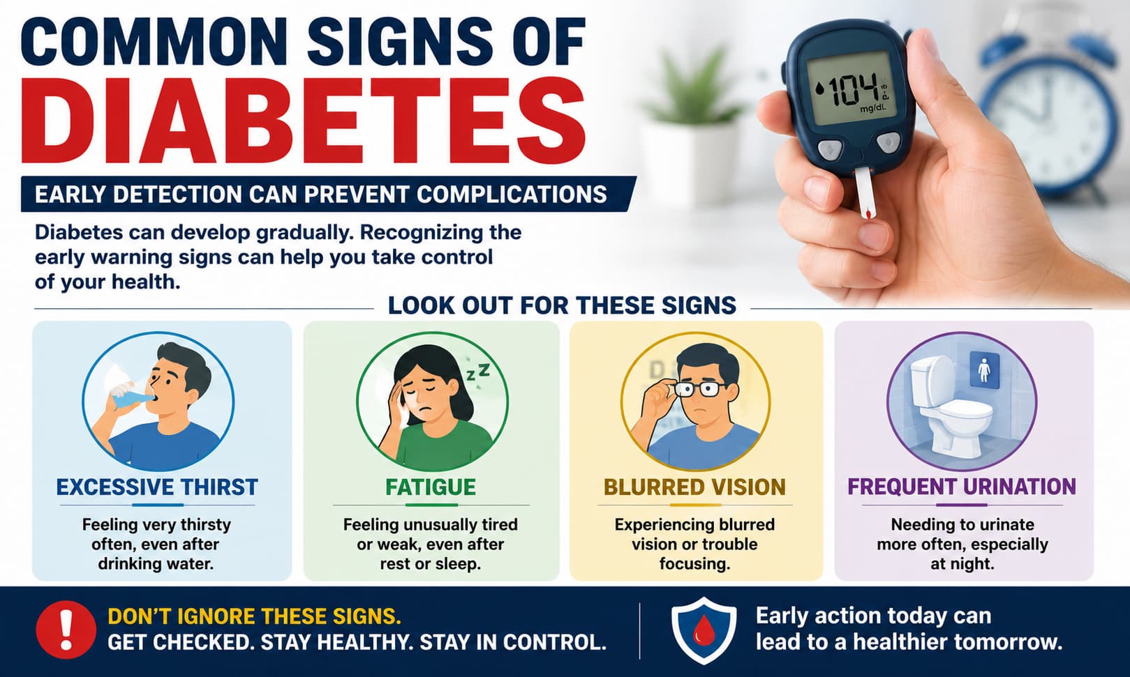 An infographic illustrating common signs of diabetes, including thirst, fatigue, blurred vision, and frequent urination.