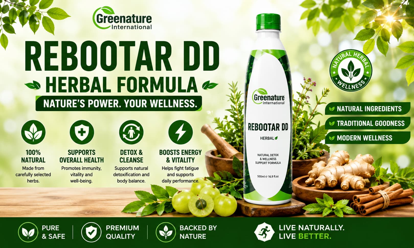 A professionally designed product image of Rebootar DD Herbal Formula displayed alongside natural herbs and healthy lifestyle elements.