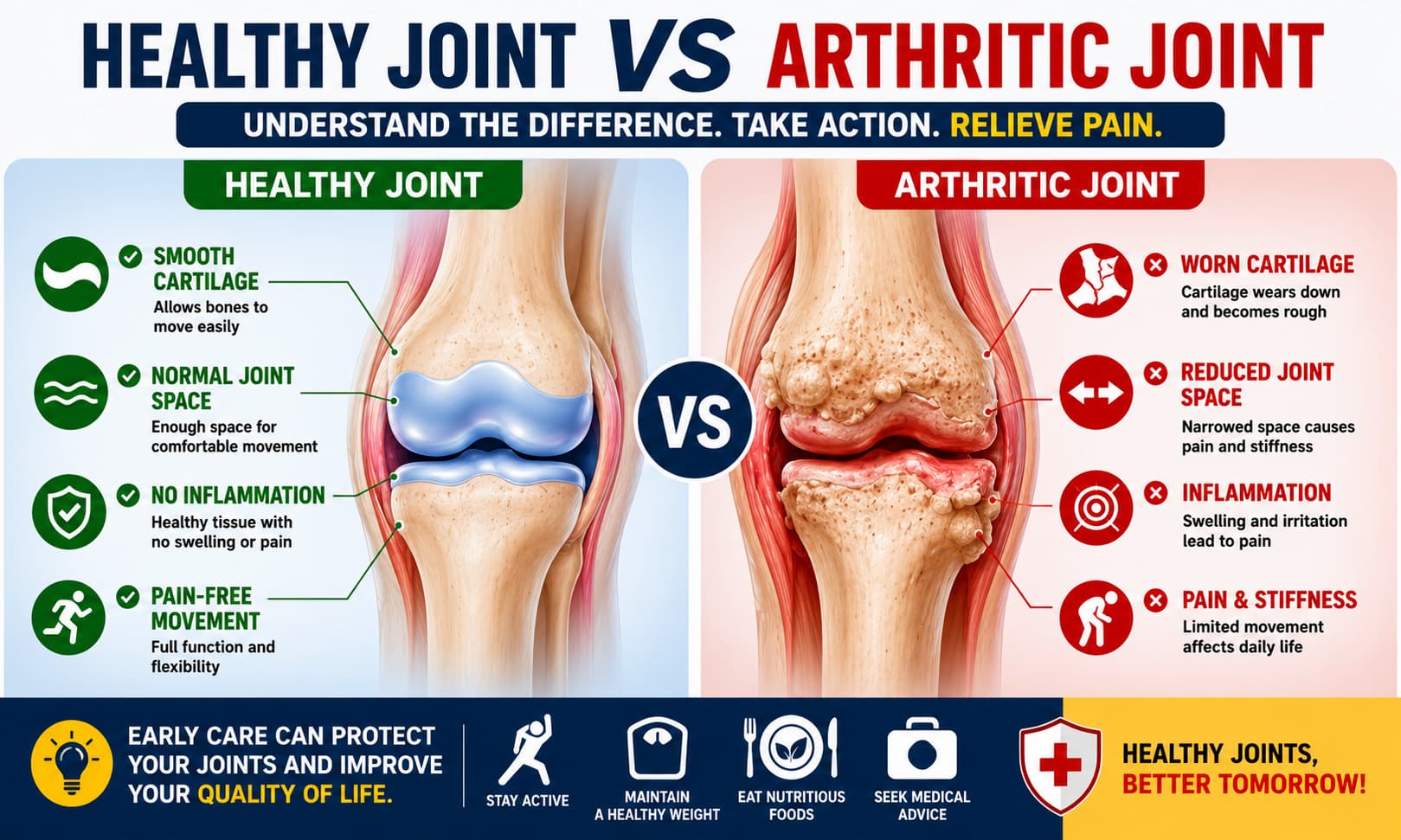 Medical illustration comparing a healthy joint with an arthritic joint, showing cartilage changes, inflammation, and reduced joint space.