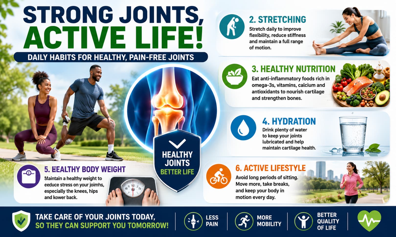 Joint health infographic featuring exercise, stretching, healthy nutrition, hydration, healthy body weight, and active lifestyle habits.