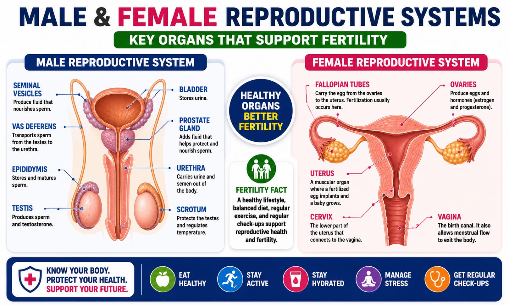 Educational illustration showing the male and female reproductive systems with labels identifying key fertility-related organs.