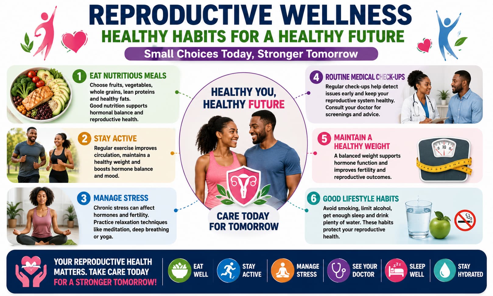 Reproductive wellness infographic featuring healthy meals, exercise, stress management, routine medical consultations, and healthy lifestyle habits.