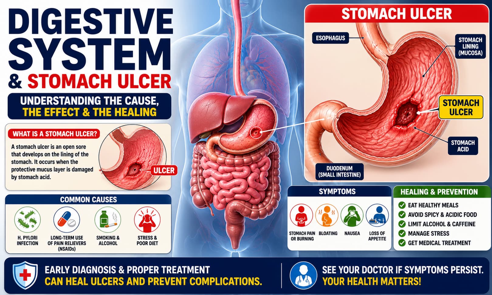 Medical illustration showing the digestive system with a labeled stomach ulcer, highlighting the stomach lining and surrounding digestive organs.