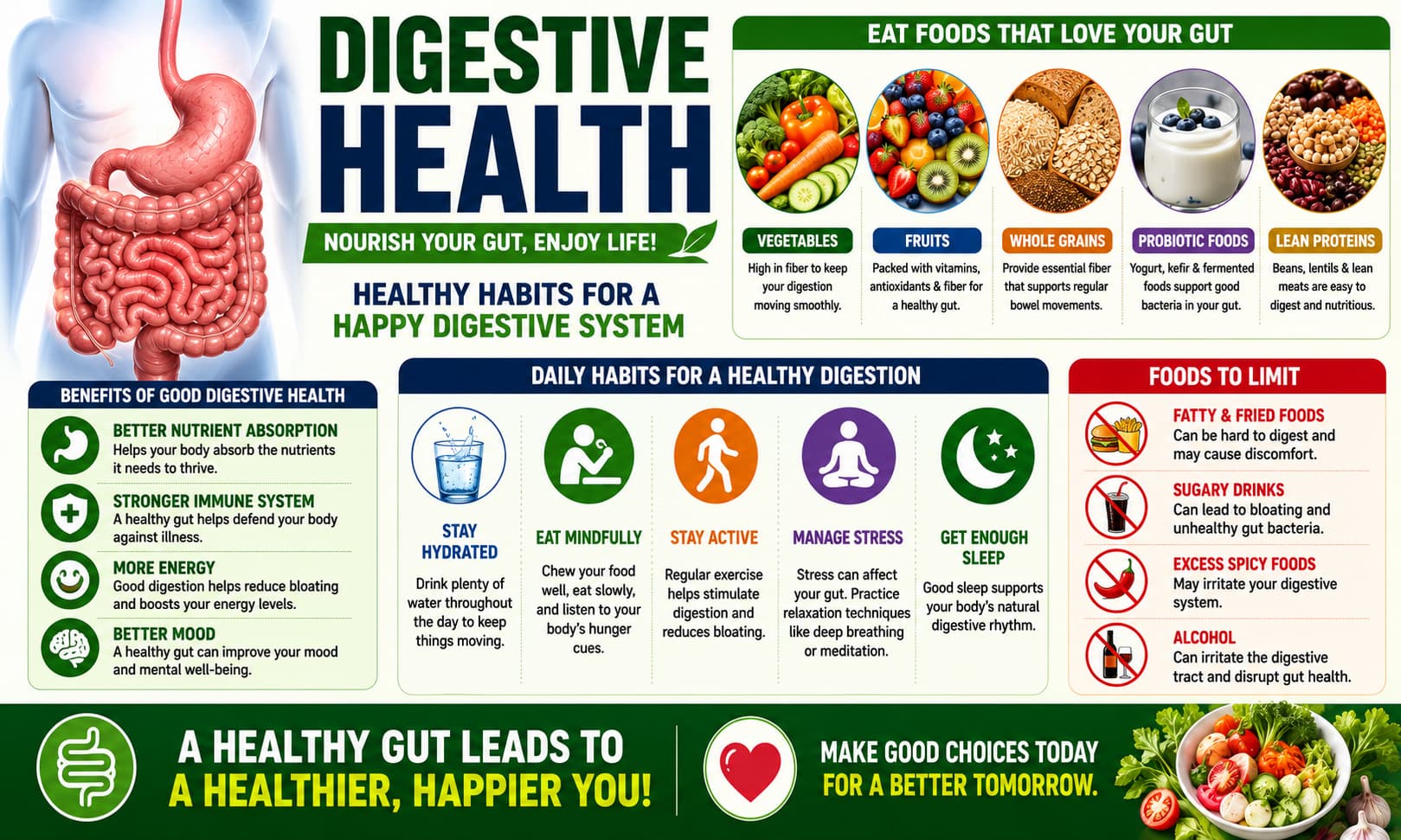Digestive health infographic featuring healthy meals, hydration, fruits, vegetables, whole grains, and wellness-focused eating habits.