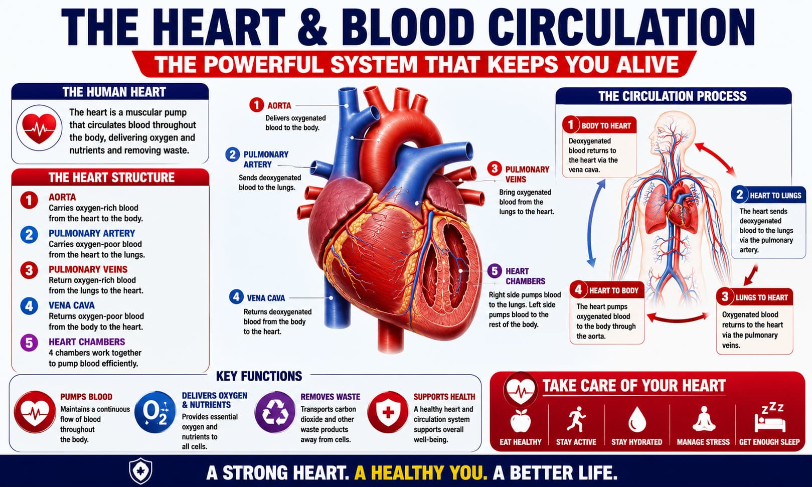 Medical illustration showing the human heart, major blood vessels, and blood circulation pathways, with labels explaining cardiovascular function.