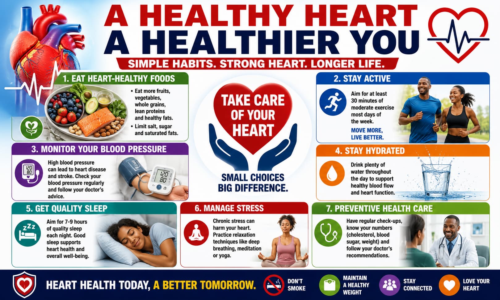 Heart-health infographic (healthy meals, exercise, monitoring blood pressure, hydrating, sleeping and preventive health care practices).