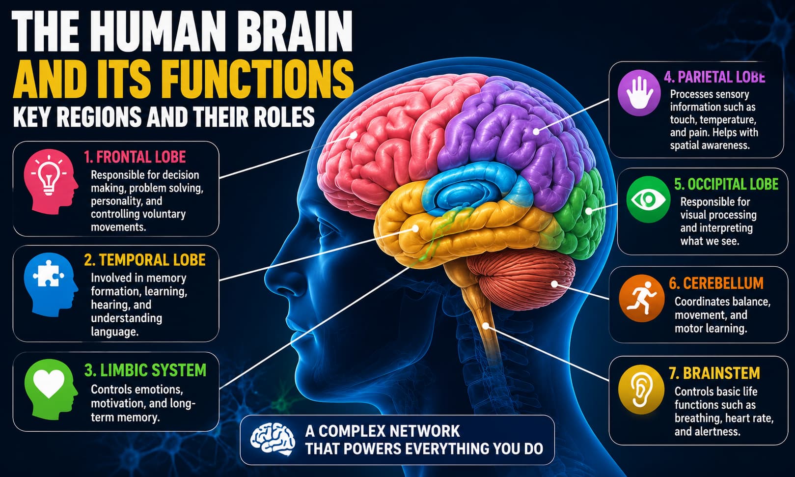 Medical illustration of the human brain showing major regions responsible for memory, learning, emotions, movement, and sensory processing.