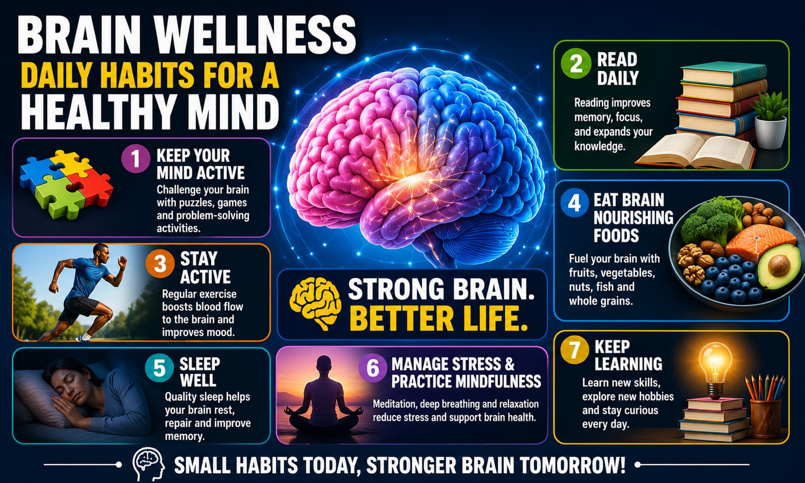Brain wellness infographic featuring puzzles, reading, exercise, healthy nutrition, sleep, meditation, and learning activities.