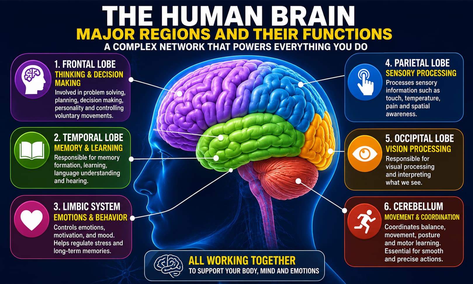 Medical illustration of the human brain showing major regions responsible for memory, learning, emotions, movement, and sensory processing.