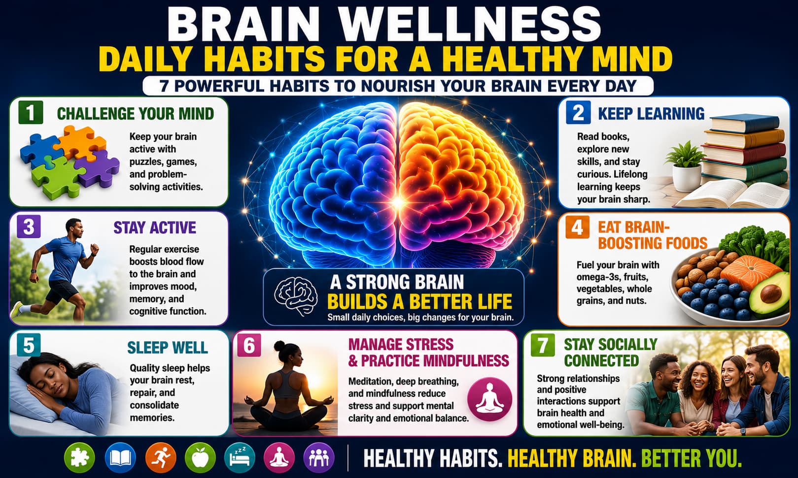 Brain wellness infographic featuring puzzles, reading, exercise, healthy nutrition, sleep, meditation, and learning activities.