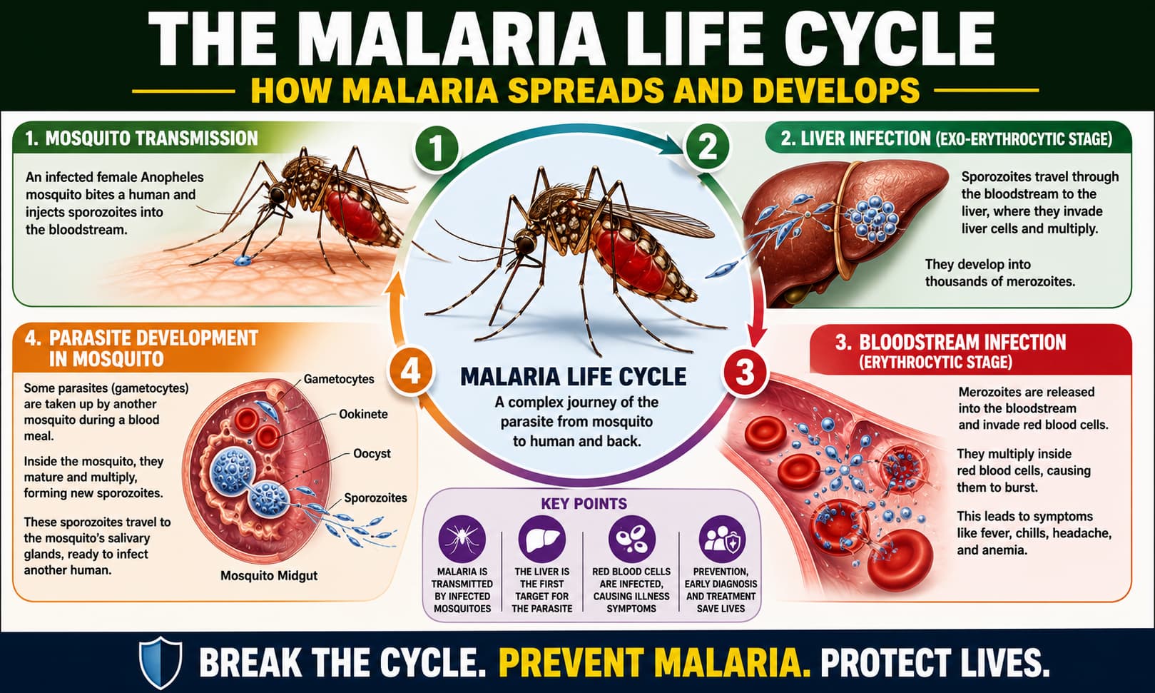 Educational illustration showing the malaria life cycle, including mosquito transmission, liver infection, bloodstream infection, and parasite development stages.