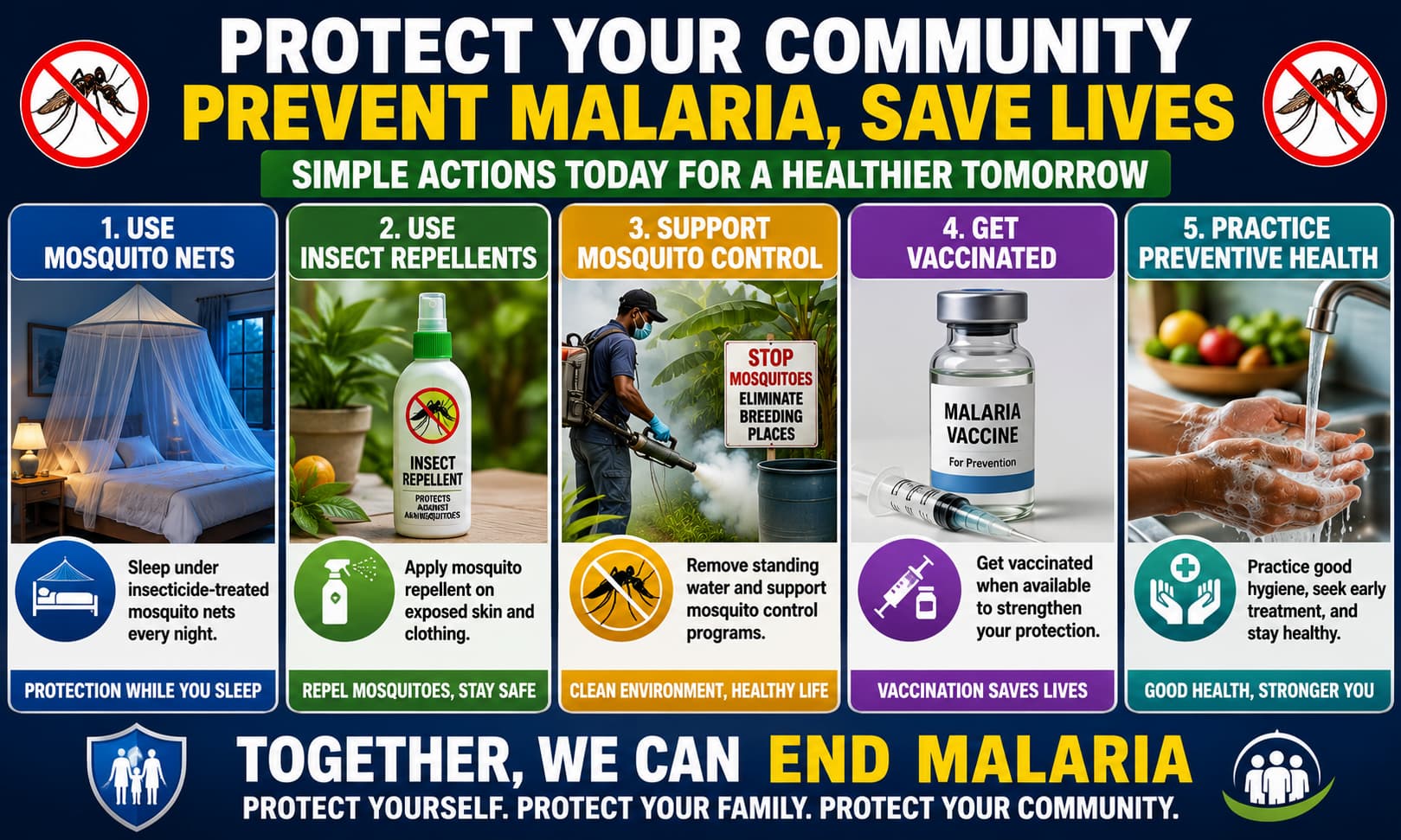 Public health infographic showing mosquito nets, insect repellents, mosquito control efforts, vaccination programs, and preventive healthcare practices