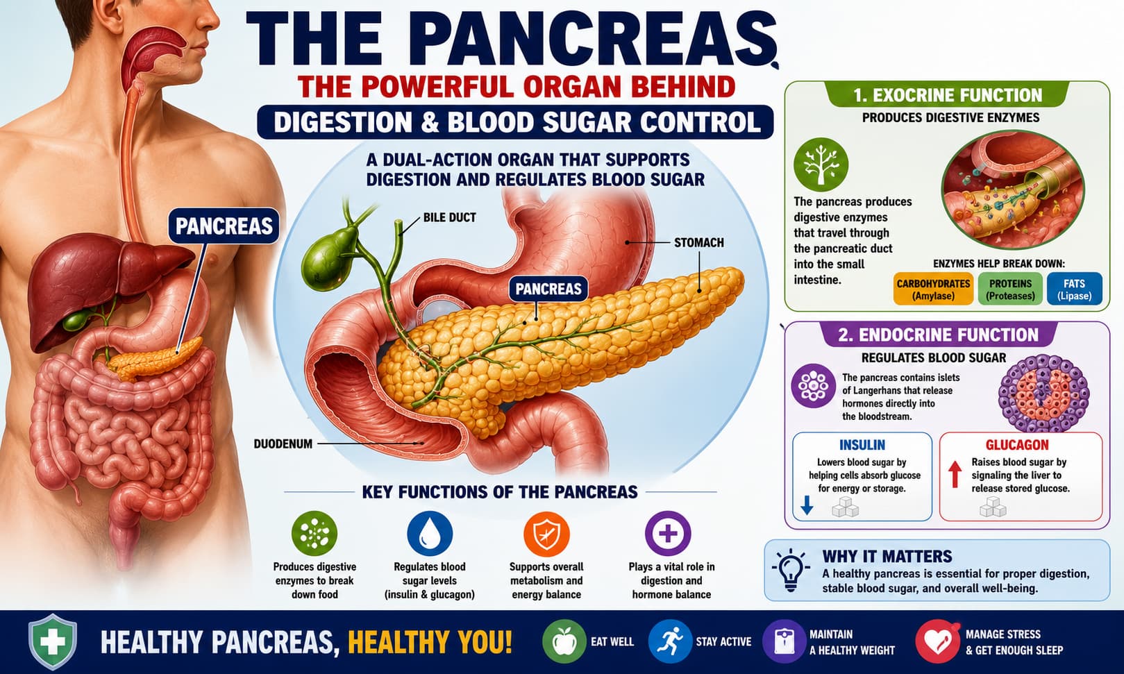 Medical illustration showing the pancreas within the digestive system, including labels explaining enzyme production, insulin release, and digestive functions.