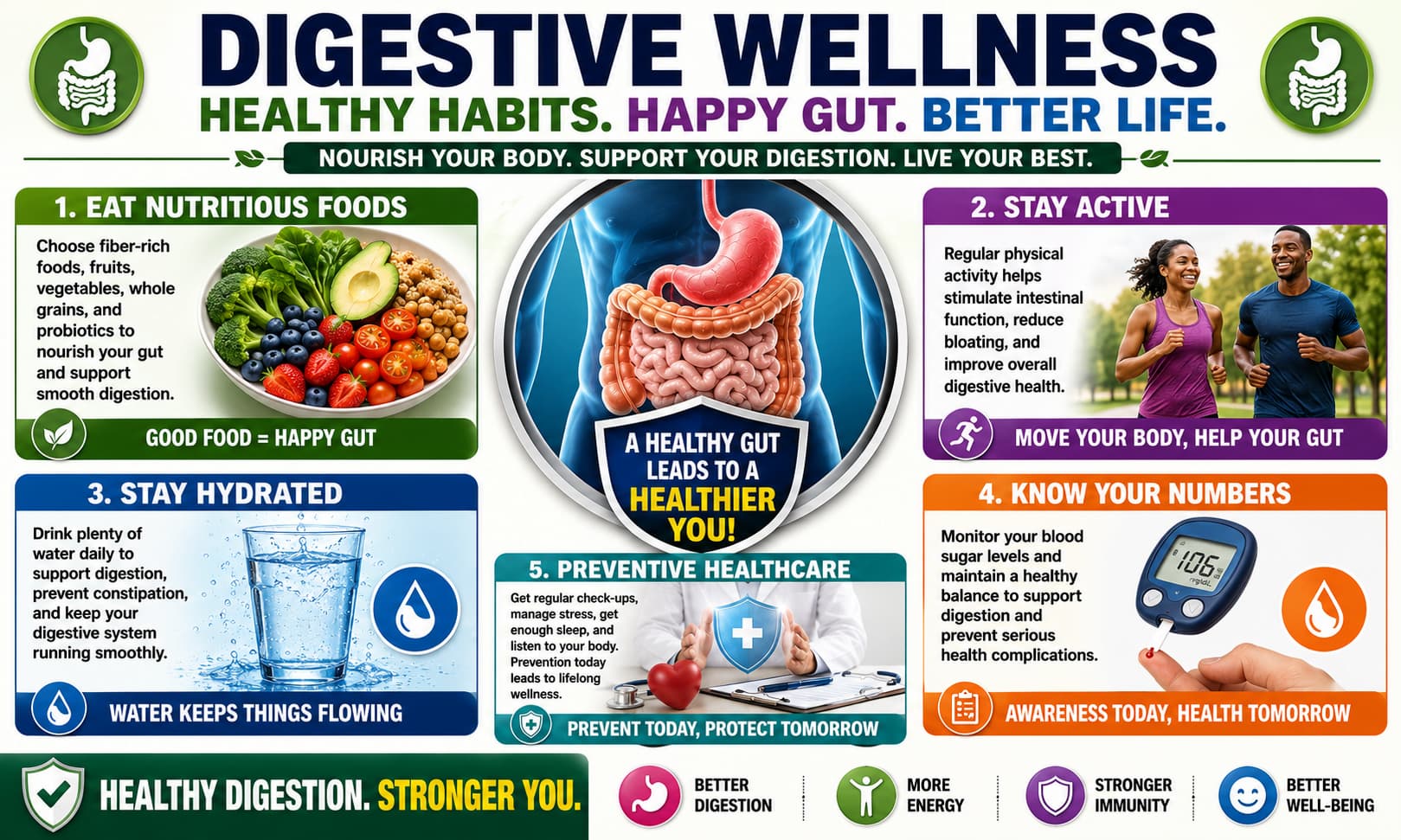 Digestive wellness infographic showing healthy nutrition, exercise, hydration, blood sugar awareness, and preventive healthcare practices.