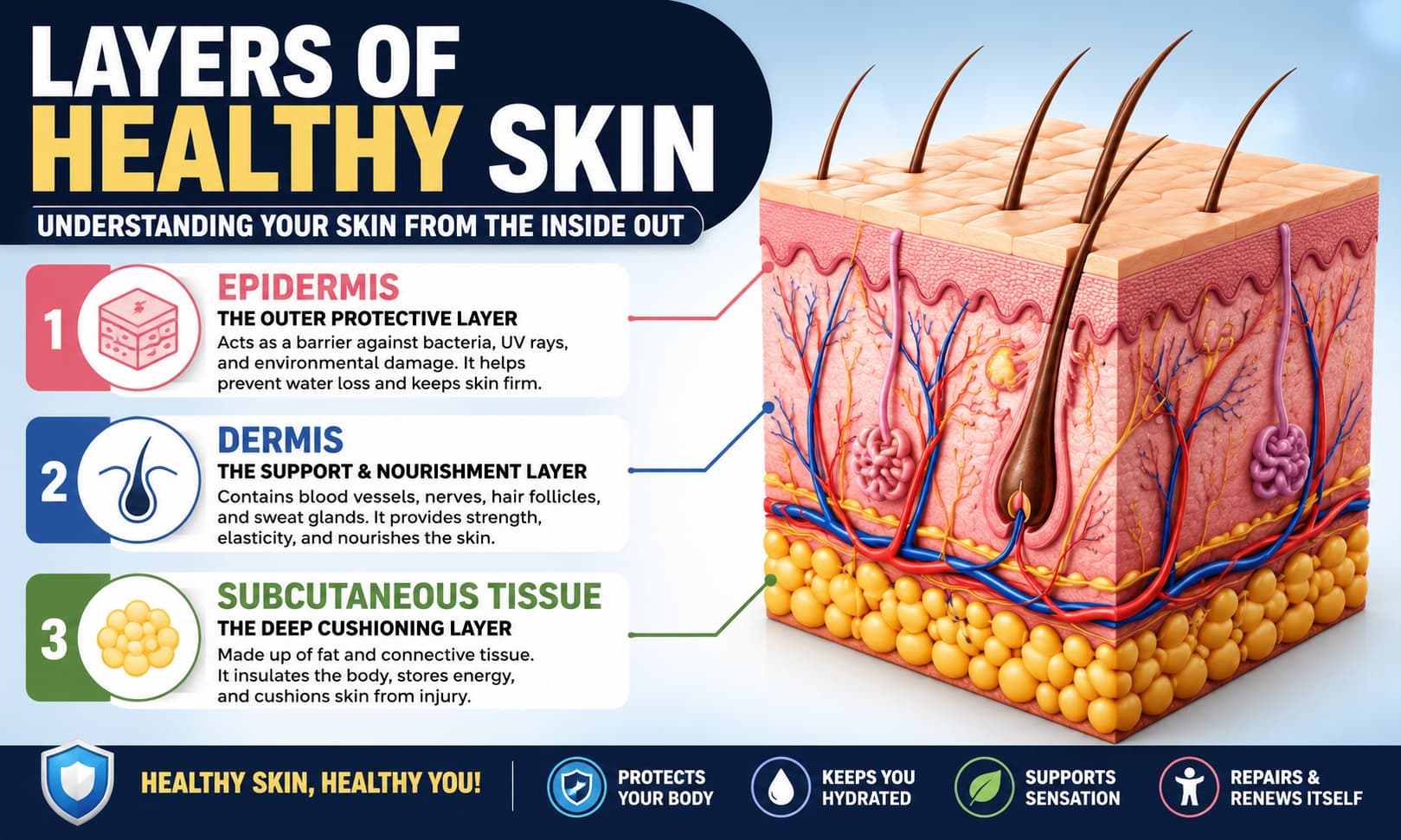Educational illustration showing the layers of healthy skin, including the epidermis, dermis, and subcutaneous tissue, with labels explaining their functions.