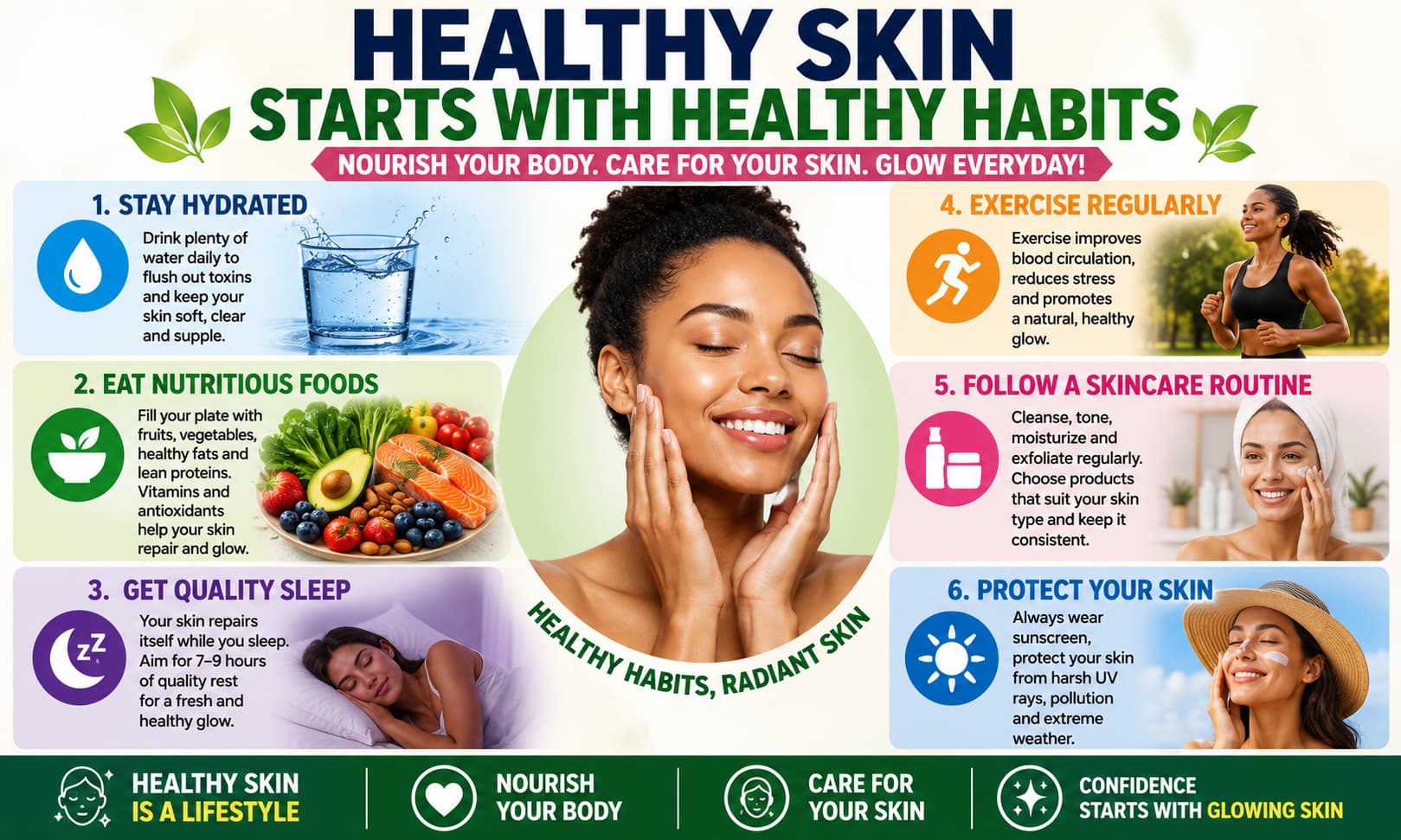 Healthy skin wellness infographic featuring hydration, nutritious foods, sleep, exercise, skincare routines, and sun protection practices.