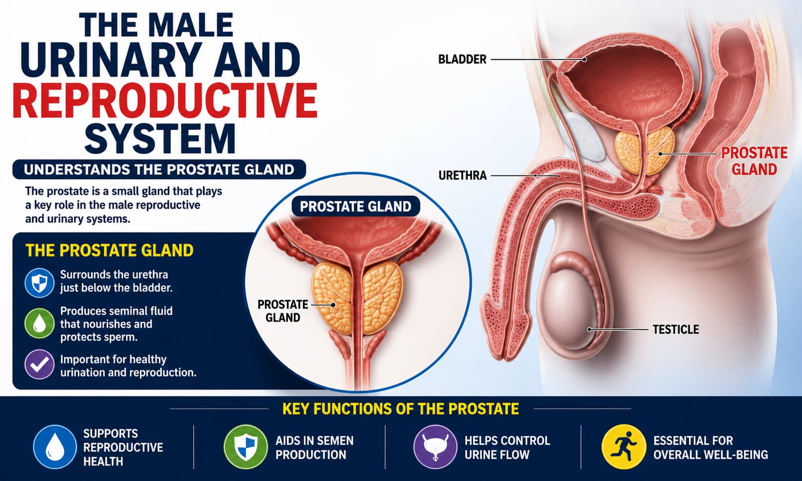 Medical illustration showing the male urinary and reproductive system with the prostate gland clearly labeled and its location highlighted.