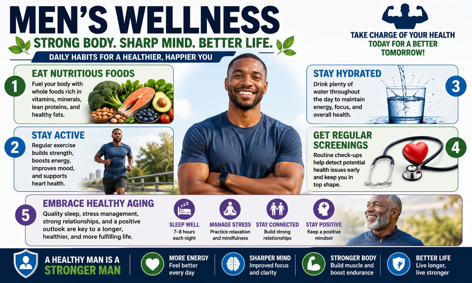 Men's wellness infographic featuring healthy nutrition, exercise, hydration, preventive screenings, and healthy aging concepts.