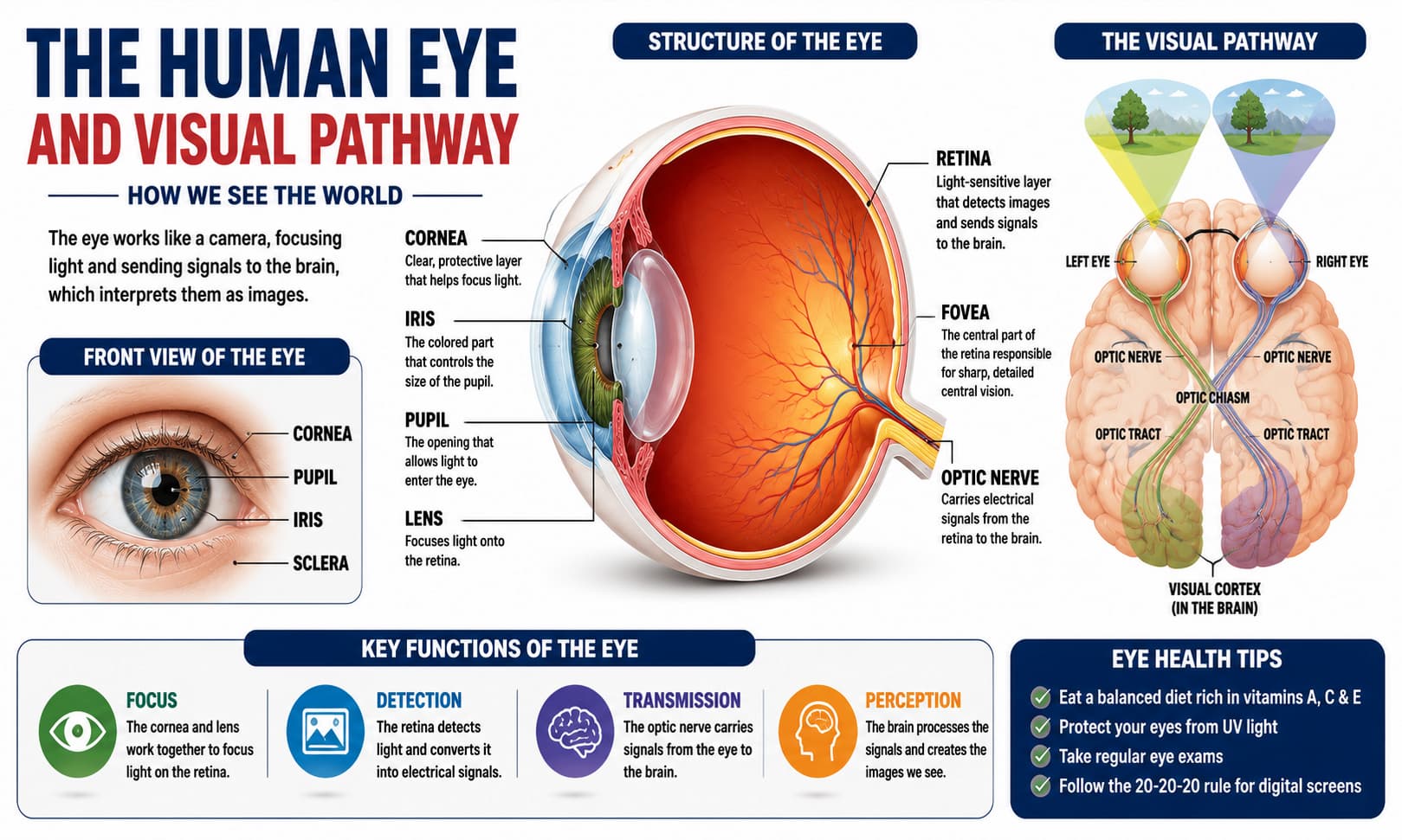 Detailed medical illustration of the human eye showing the cornea, lens, retina, optic nerve, and visual pathway.