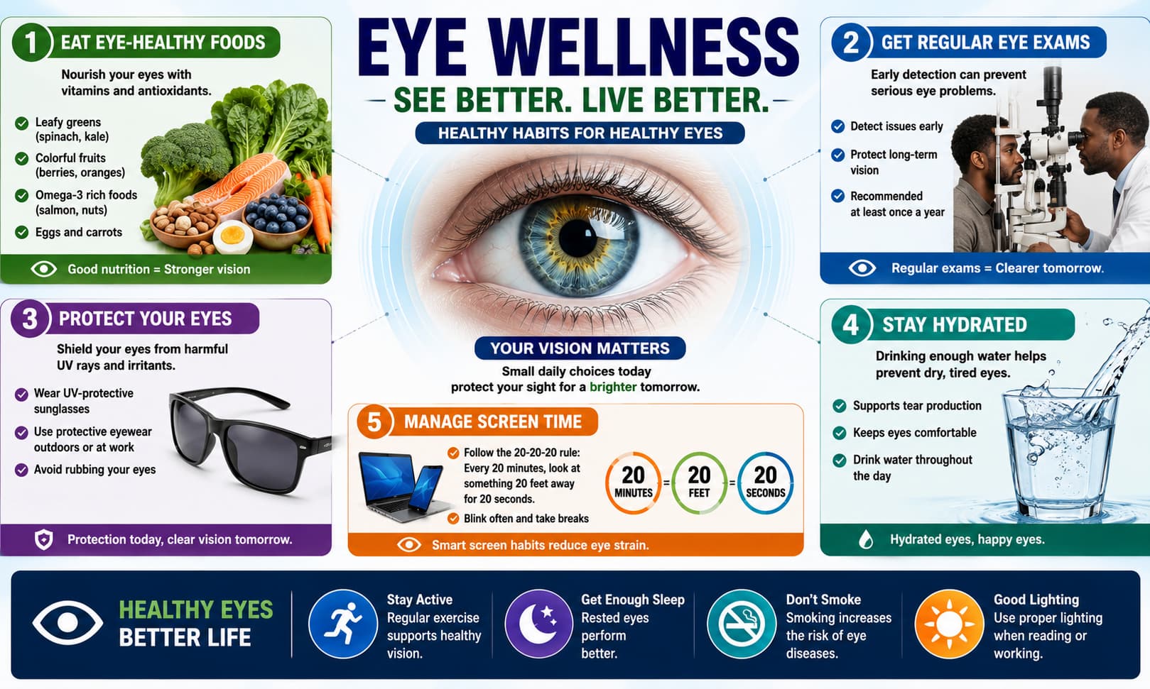 Eye wellness infographic showing healthy foods, eye examinations, protective eyewear, hydration, and screen-time management.