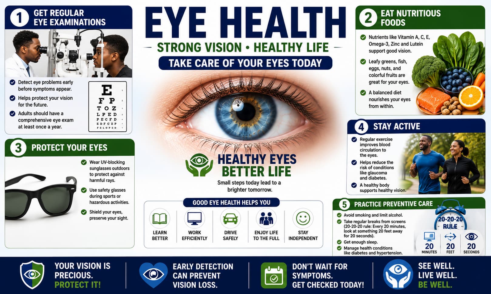 Eye health infographic showing eye examinations, healthy foods, protective eyewear, exercise, and preventive healthcare practices.