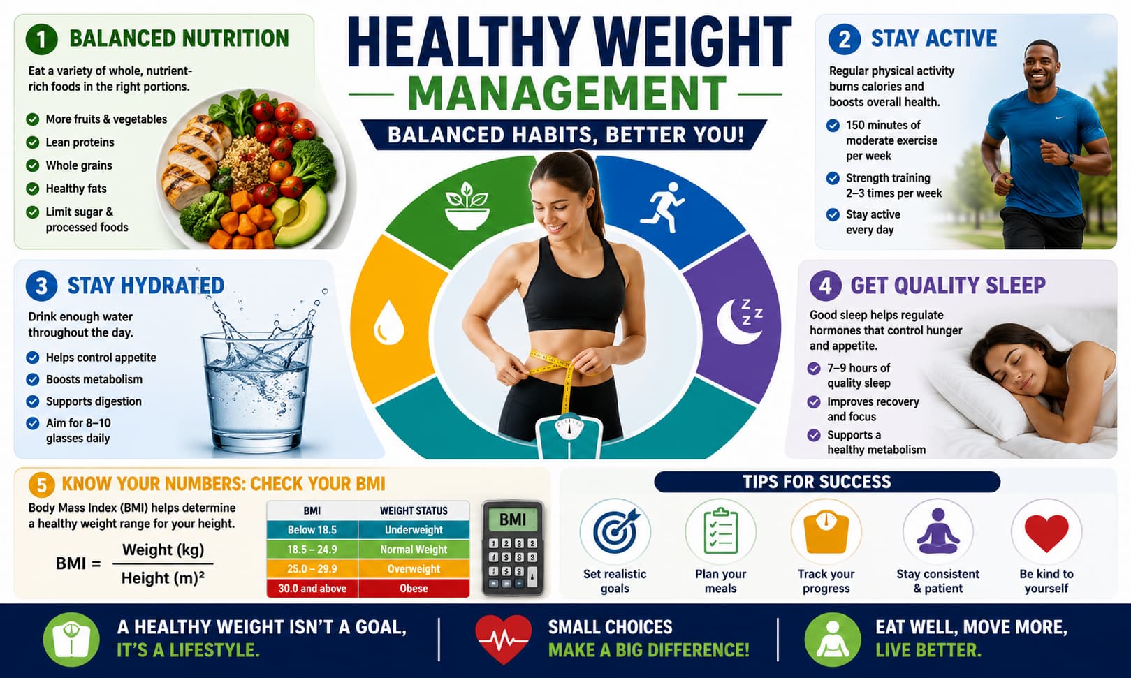 Educational infographic showing healthy weight management concepts, including balanced nutrition, exercise, hydration, sleep, and BMI measurement.