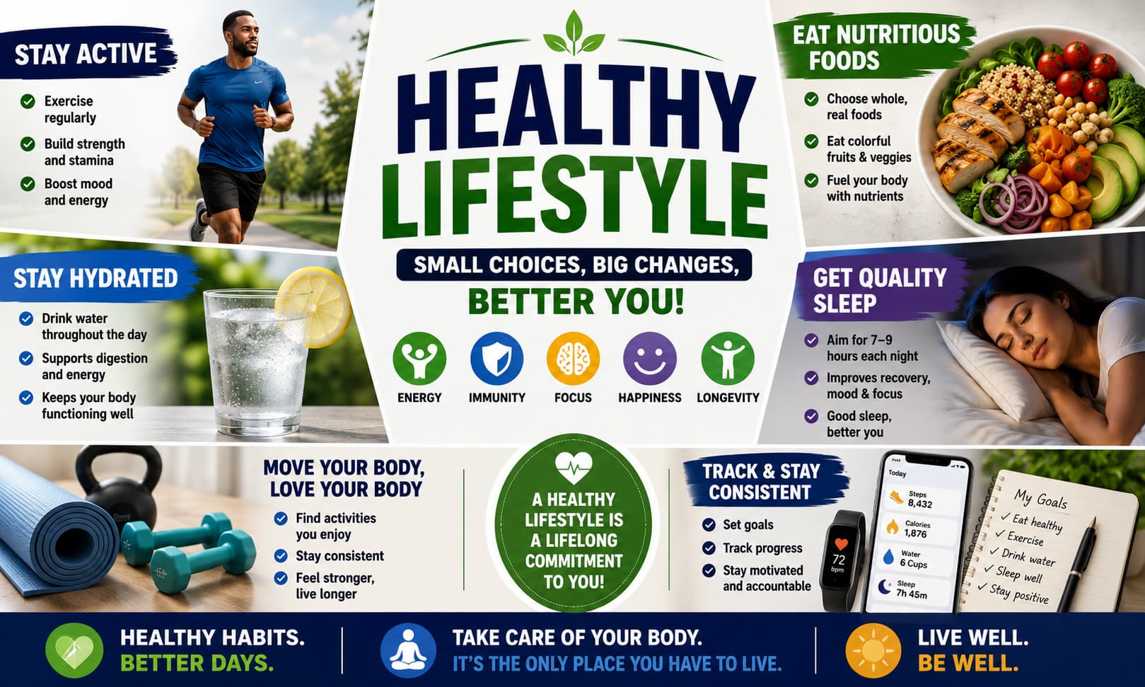 Healthy lifestyle collage featuring exercise, nutritious meals, hydration, sleep, and wellness tracking tools.