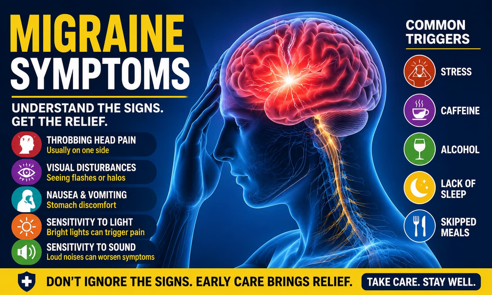 Medical illustration showing the brain and nervous system, highlighting common migraine symptoms such as head pain, visual disturbances, and sensitivity to light.