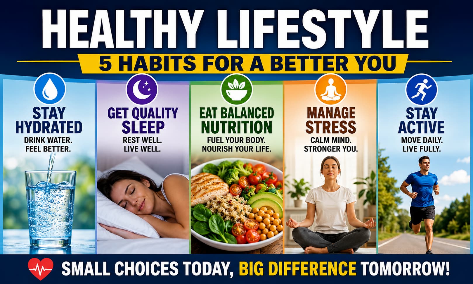 Healthy lifestyle infographic showing hydration, quality sleep, balanced nutrition, stress reduction techniques, and exercise.